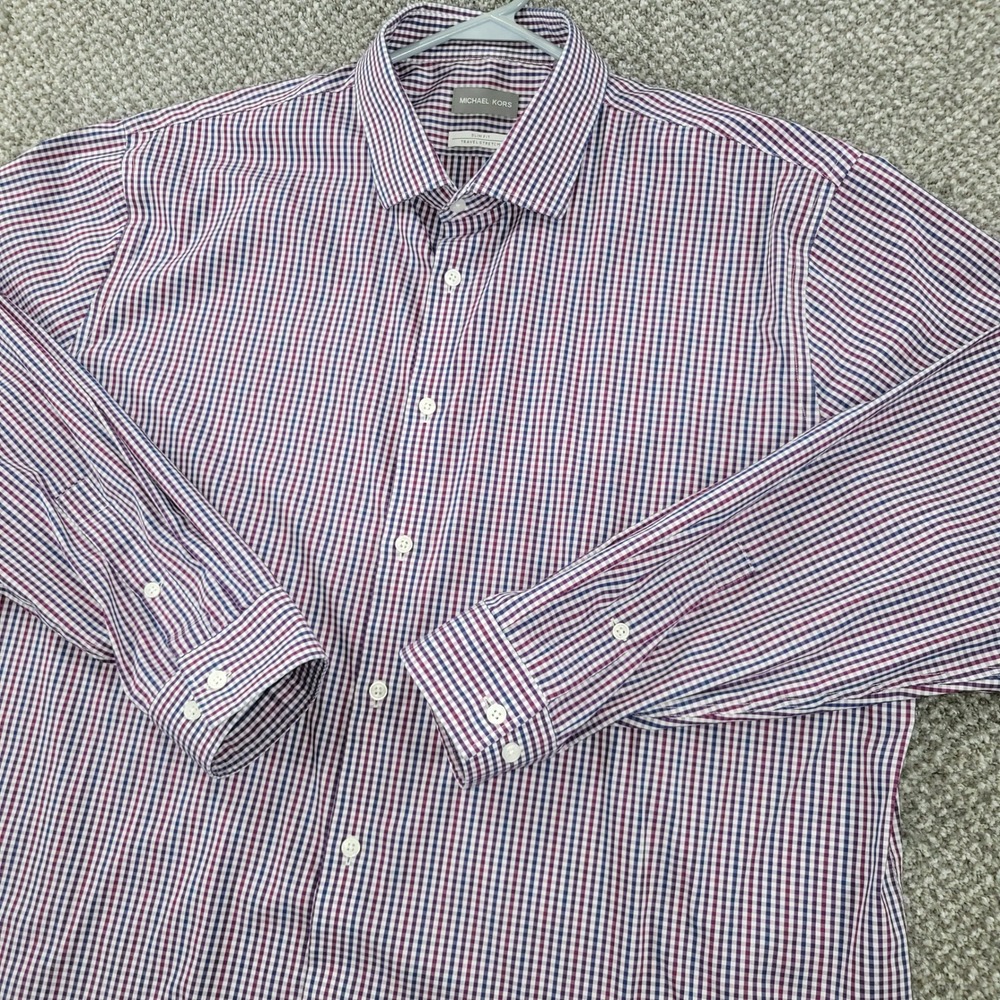 Michael Kors Slim Fit Travel Stretch Gingham Dress Shirt Mens 2XL 18.5-35 Purple